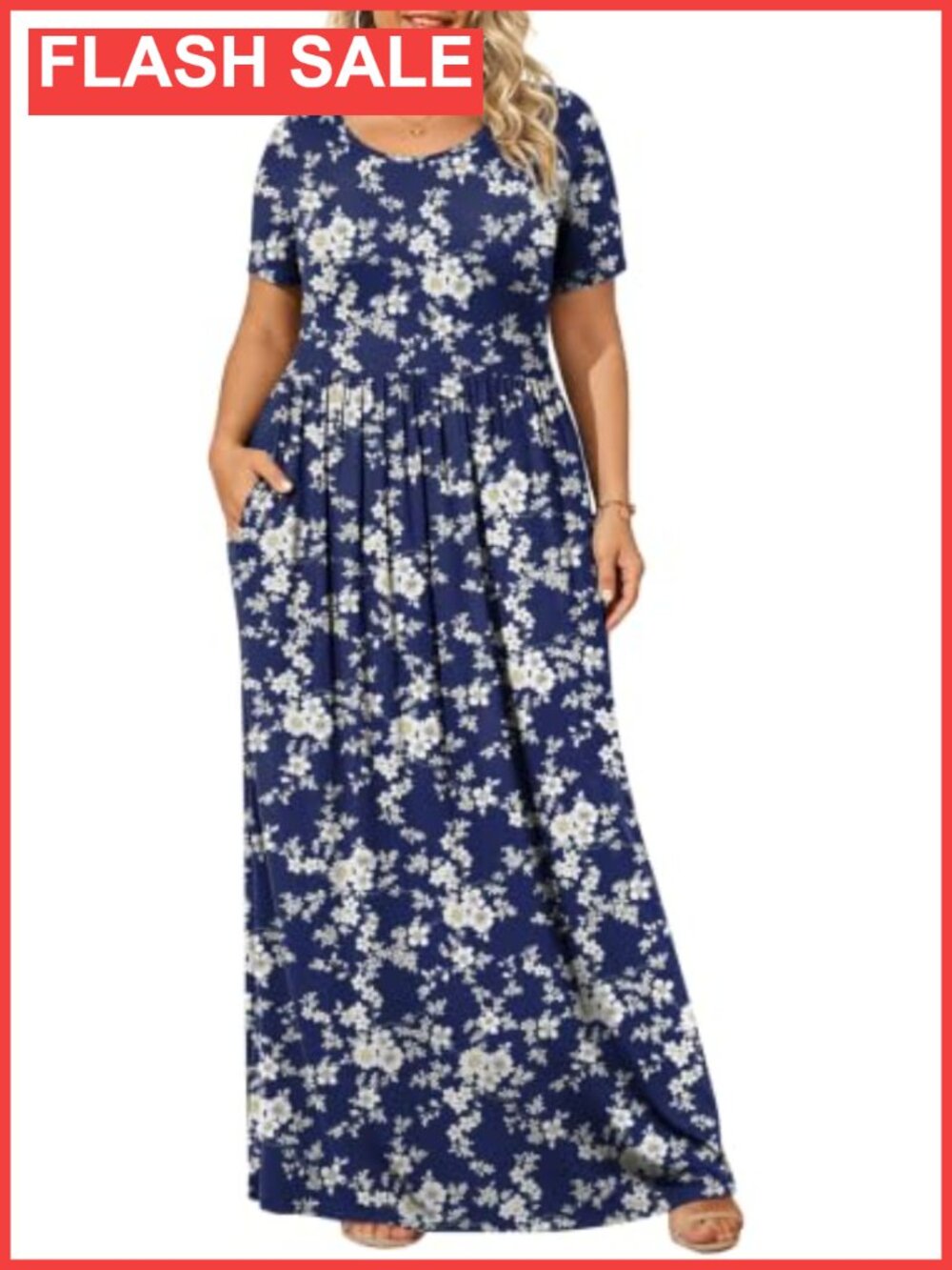 Plus Size Maxi Dress Short Sleeve Round Neck Elastic Waist Pockets